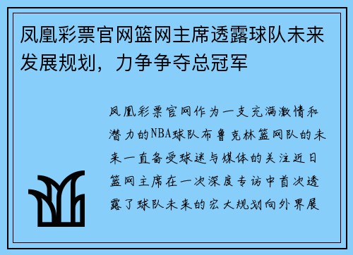 凤凰彩票官网篮网主席透露球队未来发展规划，力争争夺总冠军